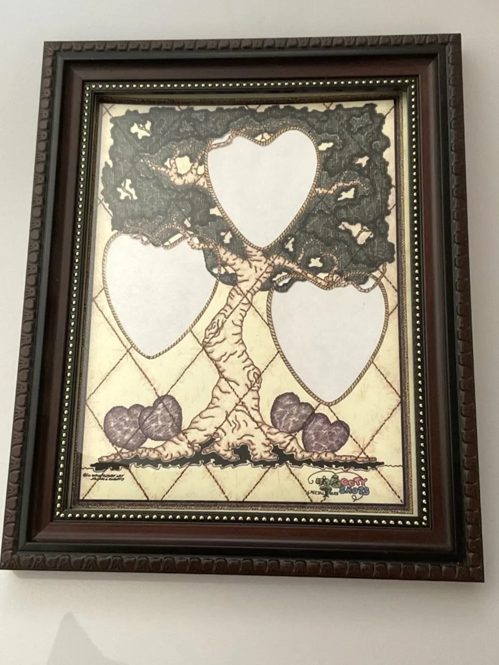 VINTAGE GROOVY ROOTY SHOTS FRAMED FAMILY TREE ART PRINT MAT 3-PHOTO INSERT COLLG